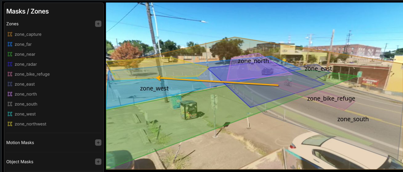 Rooftop view from dp-salal with colored detection zones overlaid on each leg of the intersection and the bike refuge
