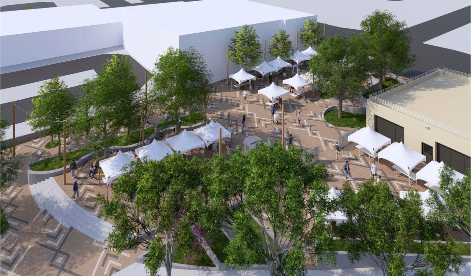 Architectural rendering of the future green plaza with trees, shade structures, and gathering space